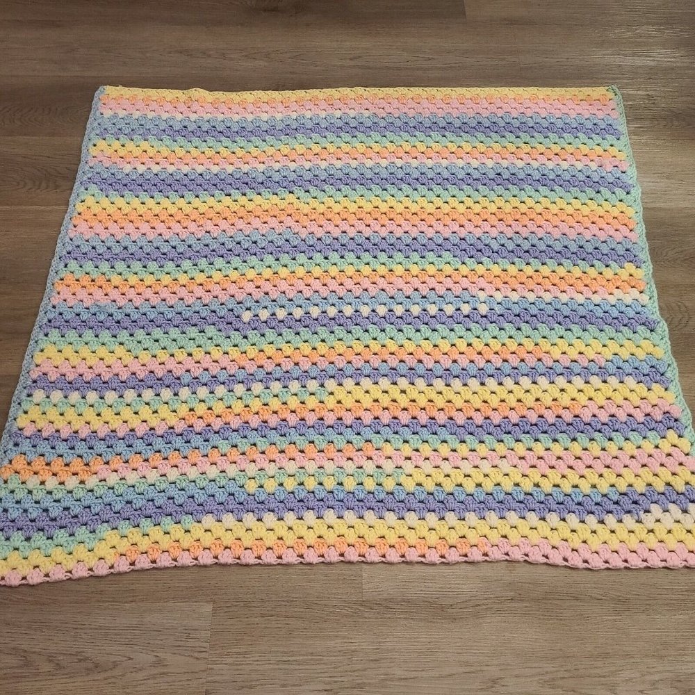 VTG Crochet Afghan Blanket Throw Granny Easter Pastel Colors Baby Nursery 43x39
